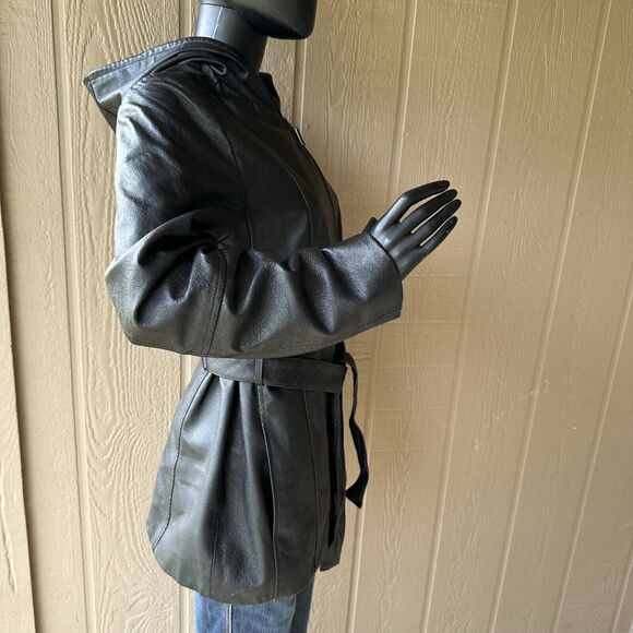 Croft‎ And Barrow Leather Jacket Womens Size Medium Black Button Up Lined Hooded - Picture 4 of 10